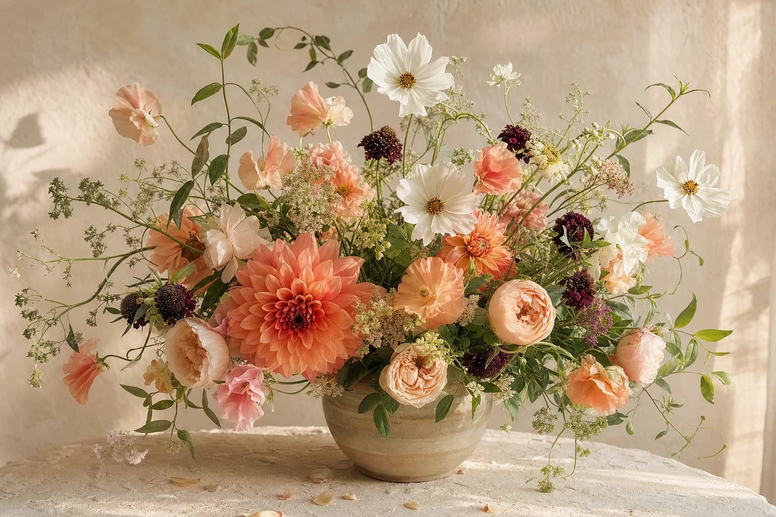 A loose seasonal bouquet of coral, cream, peach, and plum flowers