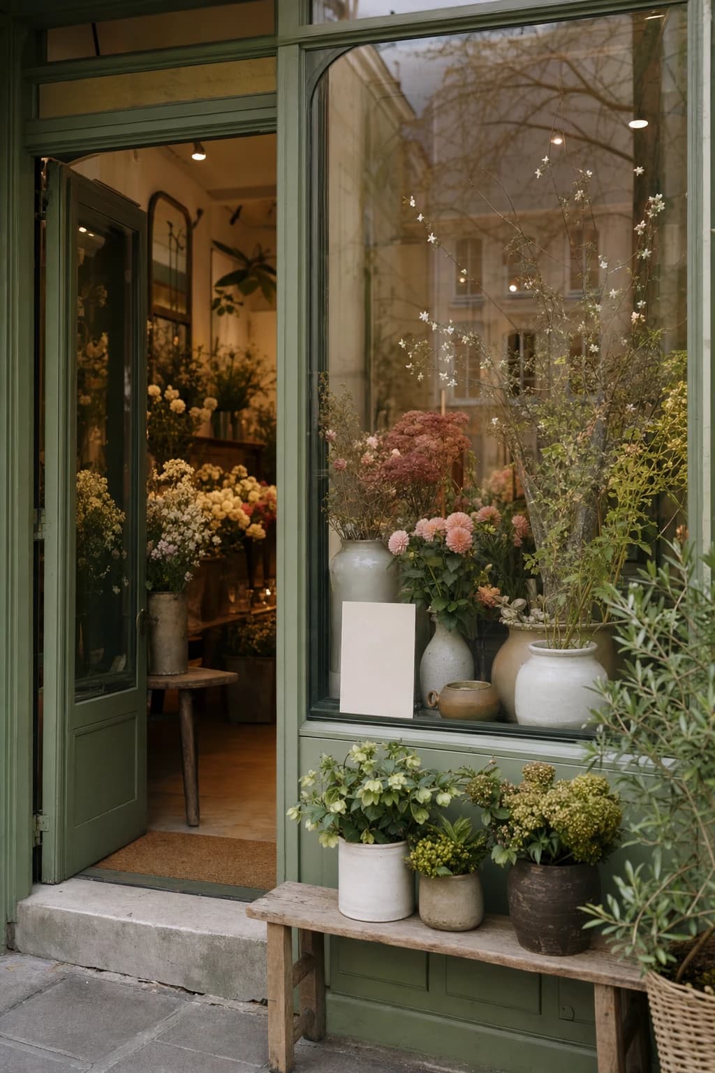 A welcoming independent flower shop window with seasonal flowers